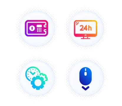 24h service, Time management and Safe box icons set. Scroll down sign. Call 스톡 일러스트