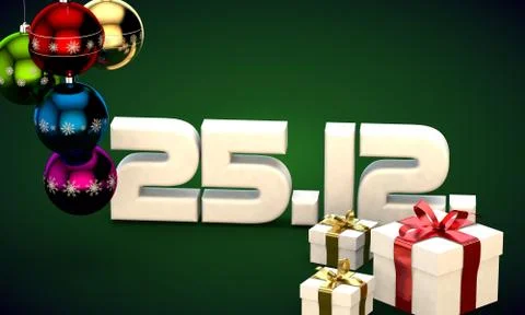 25 12 date calendar gift box christmas tree balls 3d illustration Illustrazione stock