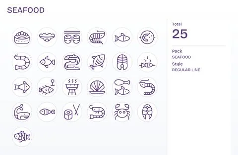 25 128x128 Grid Fitted Vector Icons for Seafood in Regular Line Theme Stock Illustration