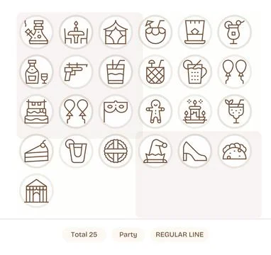 25 128x128 Regular Line Pixel Aligned Vector Icons for Party Projects Stock Illustration