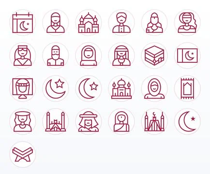 25 128x128 Regular Line Vector Icons optimized for Muslim Display Perfect d.. Stockillustratie