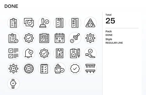 25 128x128 Regular Line Vector Icons for Done with Pixel Aligned precision Stock Illustration