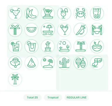 25 128x128 Regular Line Vector Icons for Tropical with Pixel Aligned precisio Stock Illustration