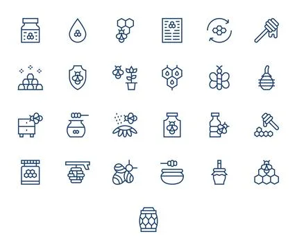 25 256x256 Pixel Optimized Vector Icons for Bee in Regular Line Theme Stock Illustration