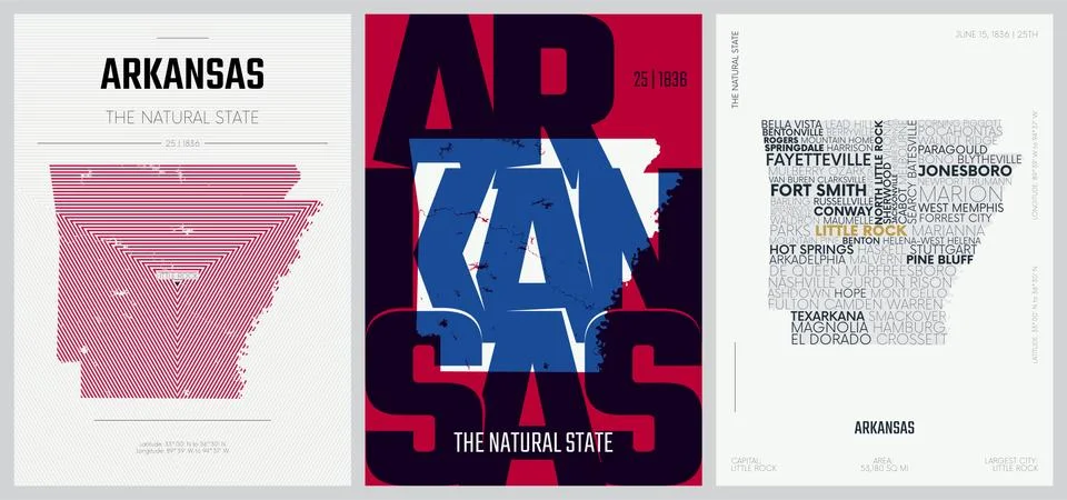 25 of 50 sets, US State Posters with name and Information in 3 Design Styles, Stock Illustration