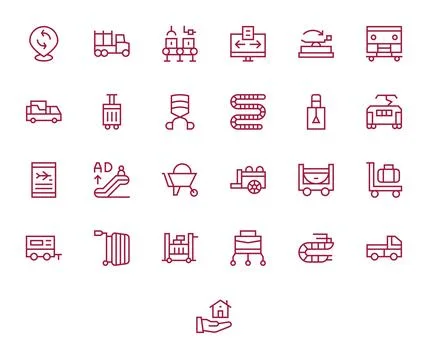 25 64x64 Grid Fitted Vector Icons for Moving in Regular Line Theme Stock Illustration