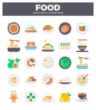 25 assorted food icons in flat design style Stock Illustration