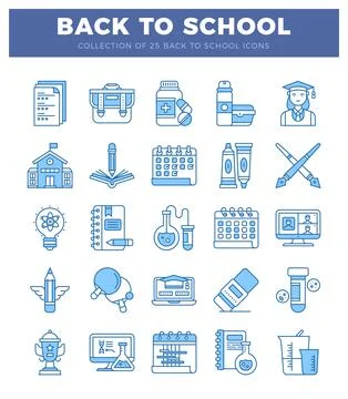 25 back to school icons in a grid layout on a white background with a blue .. Ilustración de archivo