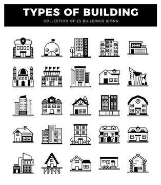 25 black and white building icons on white background. representing differe.. Ilustración de archivo