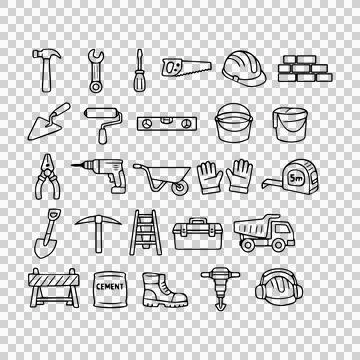 25 Black and White Construction Tools Outline Icon Set Design Stock Illustration