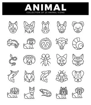 25 black and white line art animal icons arranged in a grid on a white back.. Stock Illustration