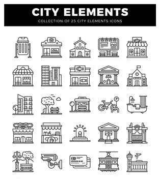 25 black and white vector icons of city elements. including buildings. stre.. Stock Illustration