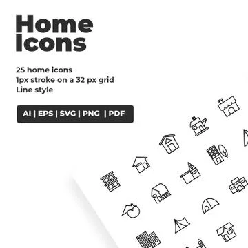 25 Black Minimalist Premium Home Line Icon Stock Illustration