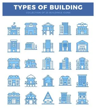 25 blue flat icons of various building types on white background. showing a.. Ilustración de archivo