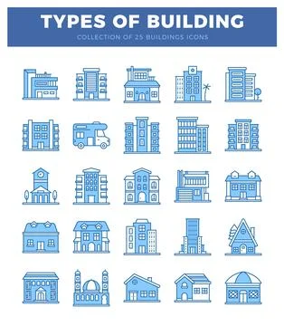 25 blue line icons of different building types arranged in a grid on a whit.. Ilustración de archivo