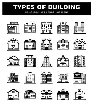 25 building icon types with modern and traditional architectural styles on .. Ilustração Stock