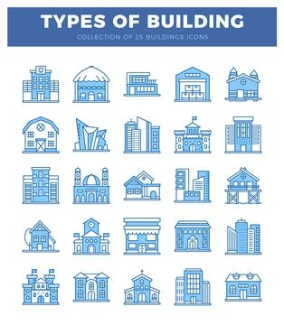 25 building icons in a blue. flat illustration. Ilustración de archivo