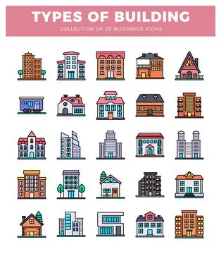 25 building icons collection in flat design. isolated on white background Ilustración de archivo
