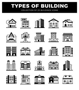 25 building icons collection. representing various architectural styles fro.. Ilustración de archivo