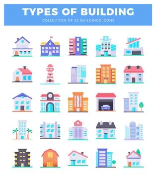 25 building icons in flat vector style. isolated on white. Various architec.. Stock Illustration