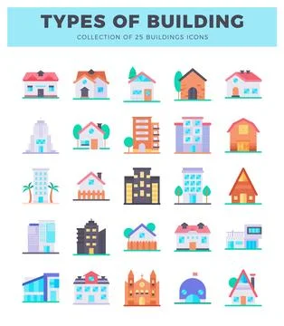 25 building icons in a grid format. showcasing various architectural styles.. Ilustração Stock