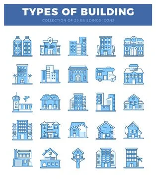 25 building icons in a grid layout on a white background. blue outline style Ilustración de archivo