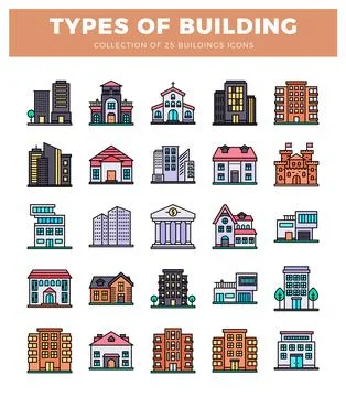 25 building icons in a grid representing various architectural styles and p.. Ilustración de archivo
