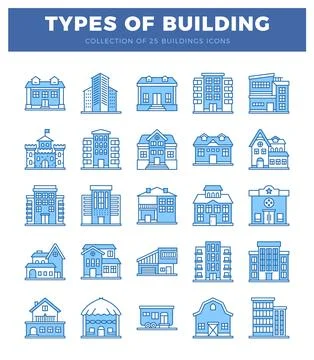 25 building icons in a grid on a white background Ilustración de archivo