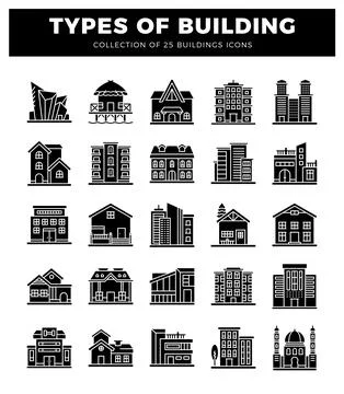 25 building icons of various architectural styles displayed on a white back.. Ilustración de archivo