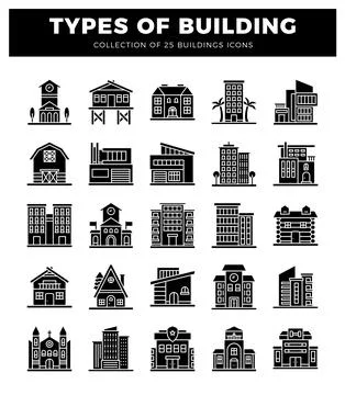25 building icons with various architectural styles in a grid Stock Illustration