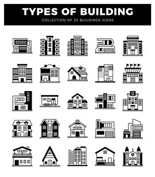 25 building icons on white background Ilustración de archivo