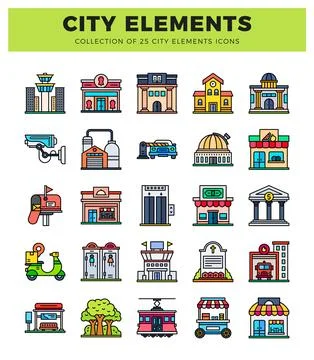25 city element icons on white background. flat vector illustrations 库存插图