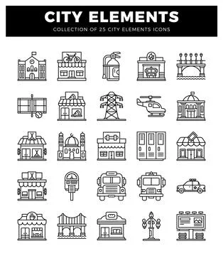 25 city elements icons collection. vector line art illustration. urban symb.. Stock Illustration