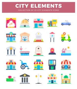 25 City Elements Icons Collection Stock Illustration