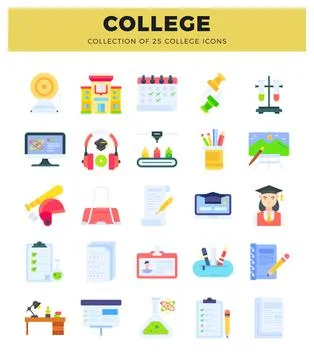 25 college icons vector set with academic elements Stock Illustration