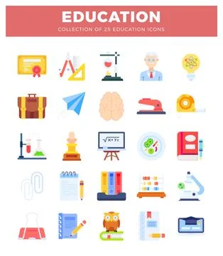 25 colorful flat icons representing education and learning Stock Illustration