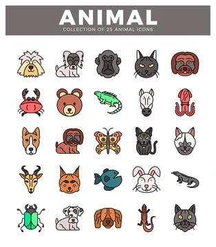25 colorful flat vector animal icons on white background Stock Illustration