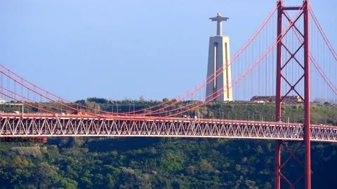 25 de Abril Bridge with Statue of Christ Stock Footage 86791429