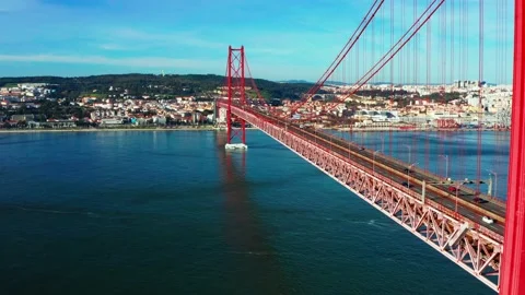 25 De April Bridge in Lisbon, Potugal. Bridge connecting Lisbon and Almada Stock Footage 149018527
