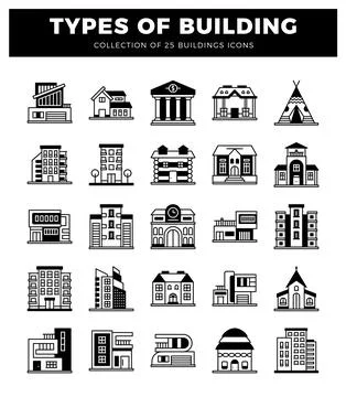 25 different building icons are arranged in a grid against a white background Ilustración de archivo
