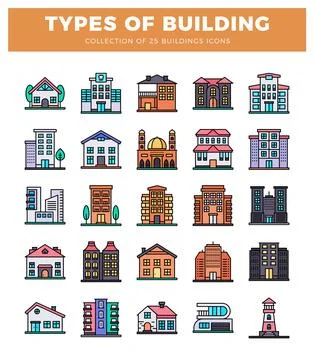 25 different building icons depicted in a grid format on a white background Ilustración de archivo