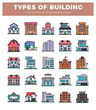 25 different building icons displayed in a grid on a white background with .. Ilustración de archivo