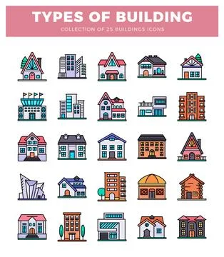 25 different building icons on a white background Stock Illustration