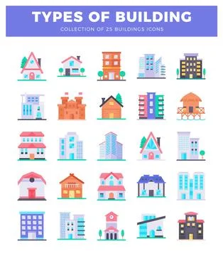 25 different flat design building icons with colorful facades. modern and t.. Ilustración de archivo