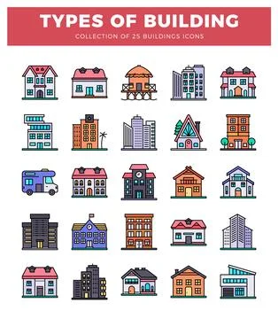 25 different types of building icons presented in a grid on a white backgro.. Ilustración de archivo