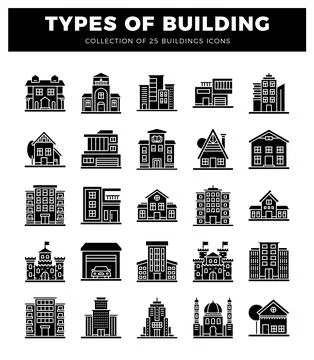 25 different types of building icons displayed on a white background Ilustración de archivo