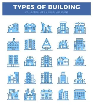 25 different types of building icons in blue outline on white Ilustración de archivo