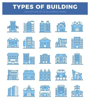 25 different types of buildings. presented as flat vector icons. arranged i.. Stockillustratie