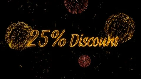 25 Discount Greeting text with particles, colored fireworks, sparks and stars Stock Footage 99062542