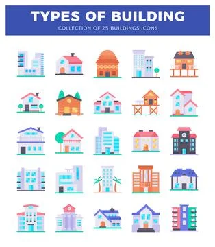 25 distinct building icons in a clean. modern flat design style. Ilustración de archivo